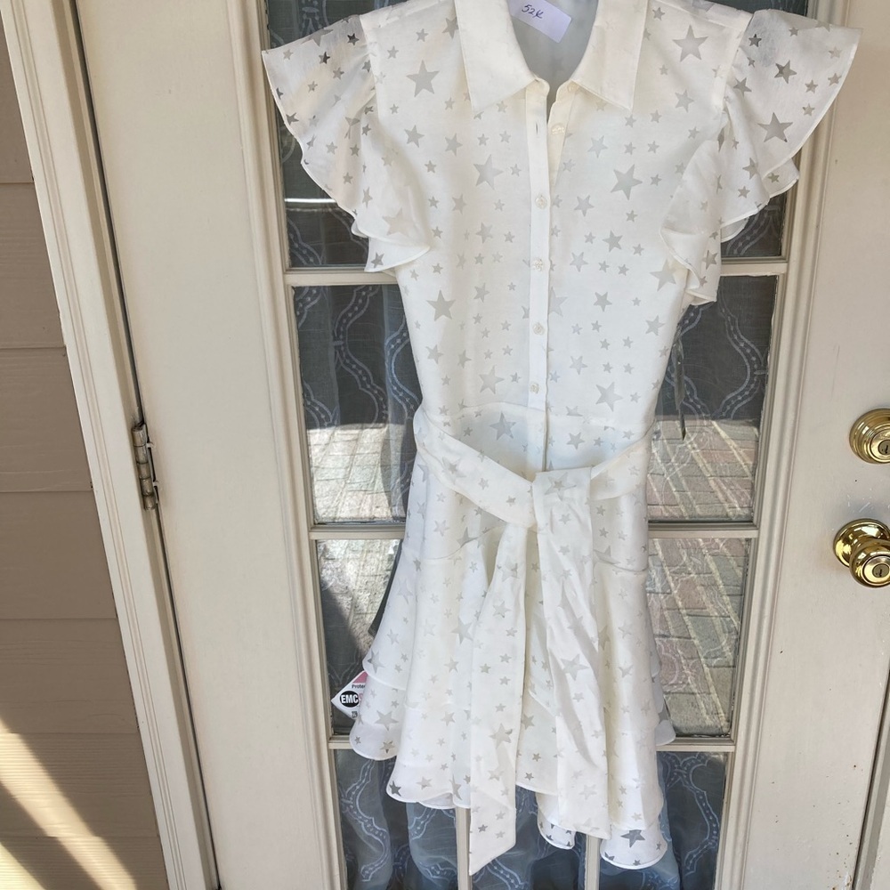 Gianni Bini Size 6 White Star Print Mini Dress Belted Ruffle Sleeve